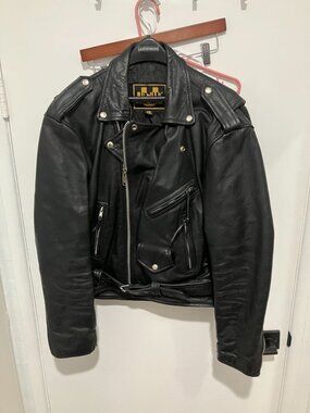 Unik Men's Vintage Leather Biker Motorcycle Jacket, Black, Size 48, Punk Rock